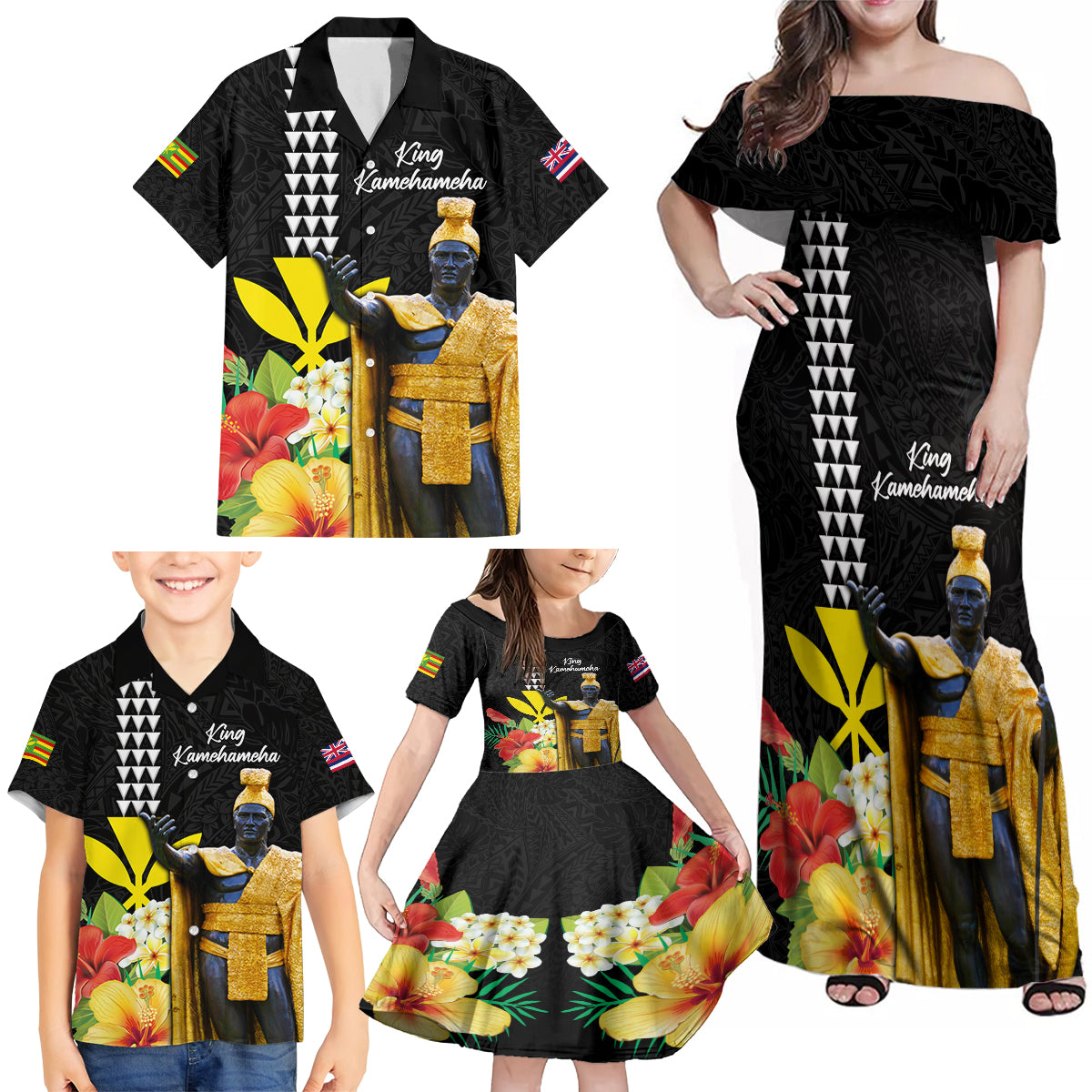 Hawaii King Kamehameha Day Family Matching Off Shoulder Maxi Dress and Hawaiian Shirt Kanaka Maoli Hibiscus Flower and Kakau Pattern