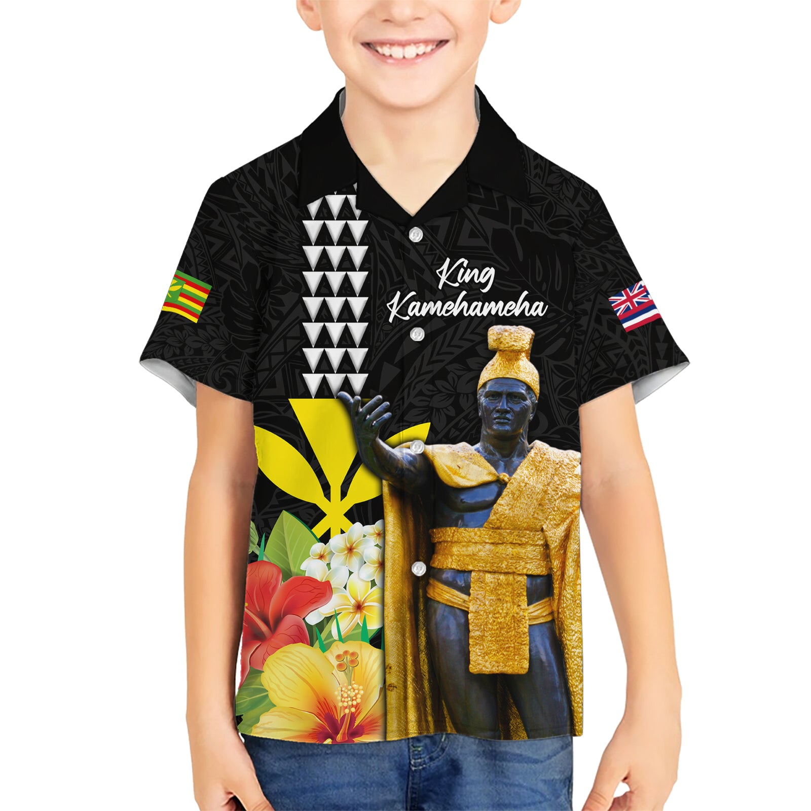 Hawaii King Kamehameha Day Kid Hawaiian Shirt Kanaka Maoli Hibiscus Flower and Kakau Pattern LT03 Kid Black - Polynesian Pride