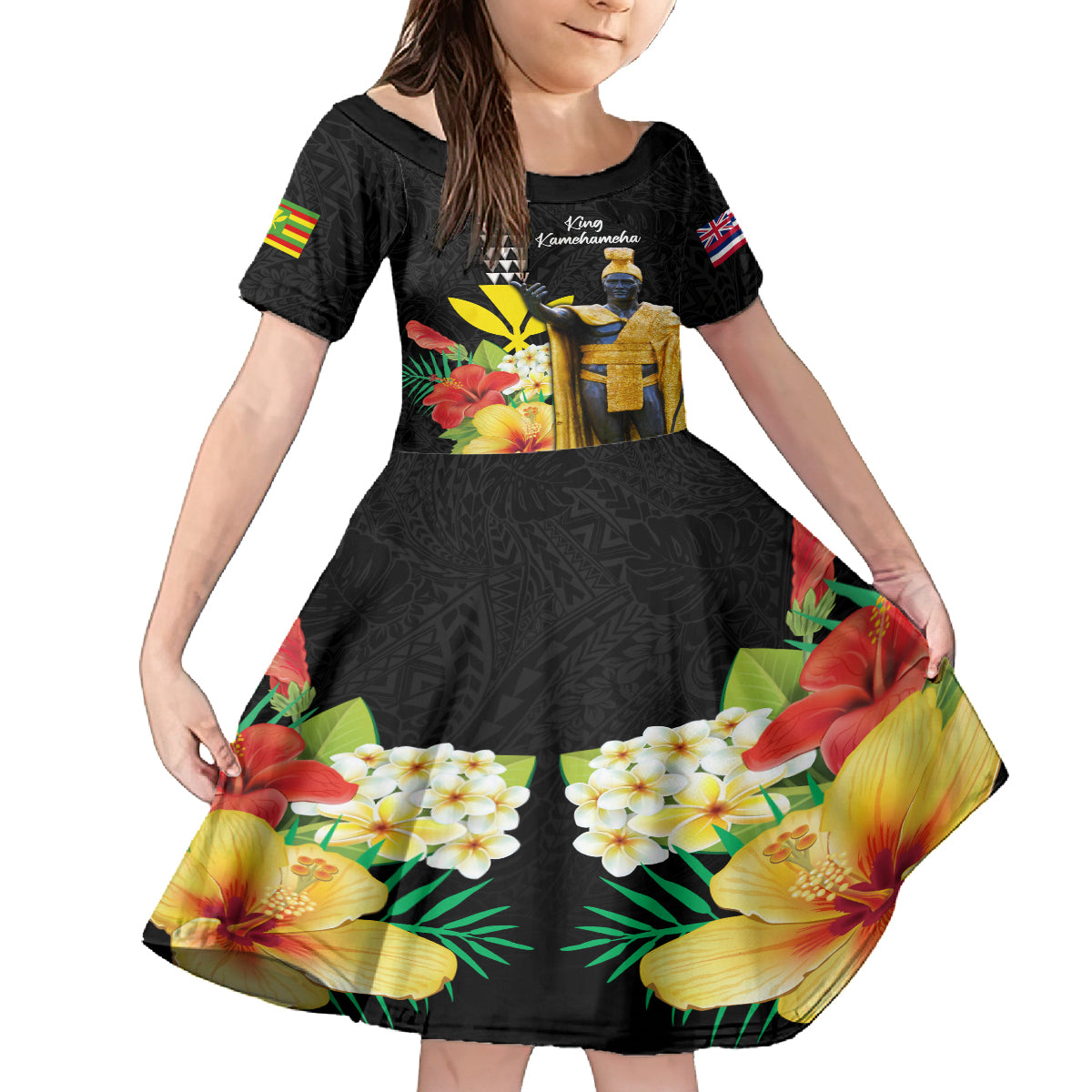Hawaii King Kamehameha Day Kid Short Sleeve Dress Kanaka Maoli Hibiscus Flower and Kakau Pattern LT03 KID Black - Polynesian Pride
