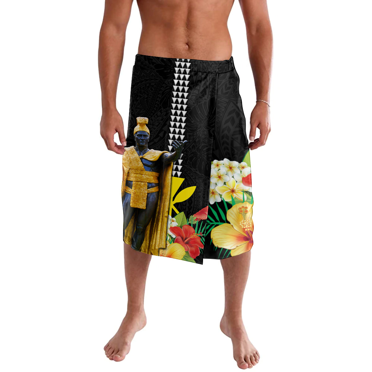 Hawaii King Kamehameha Day Lavalava Kanaka Maoli Hibiscus Flower and Kakau Pattern LT03 Black - Polynesian Pride