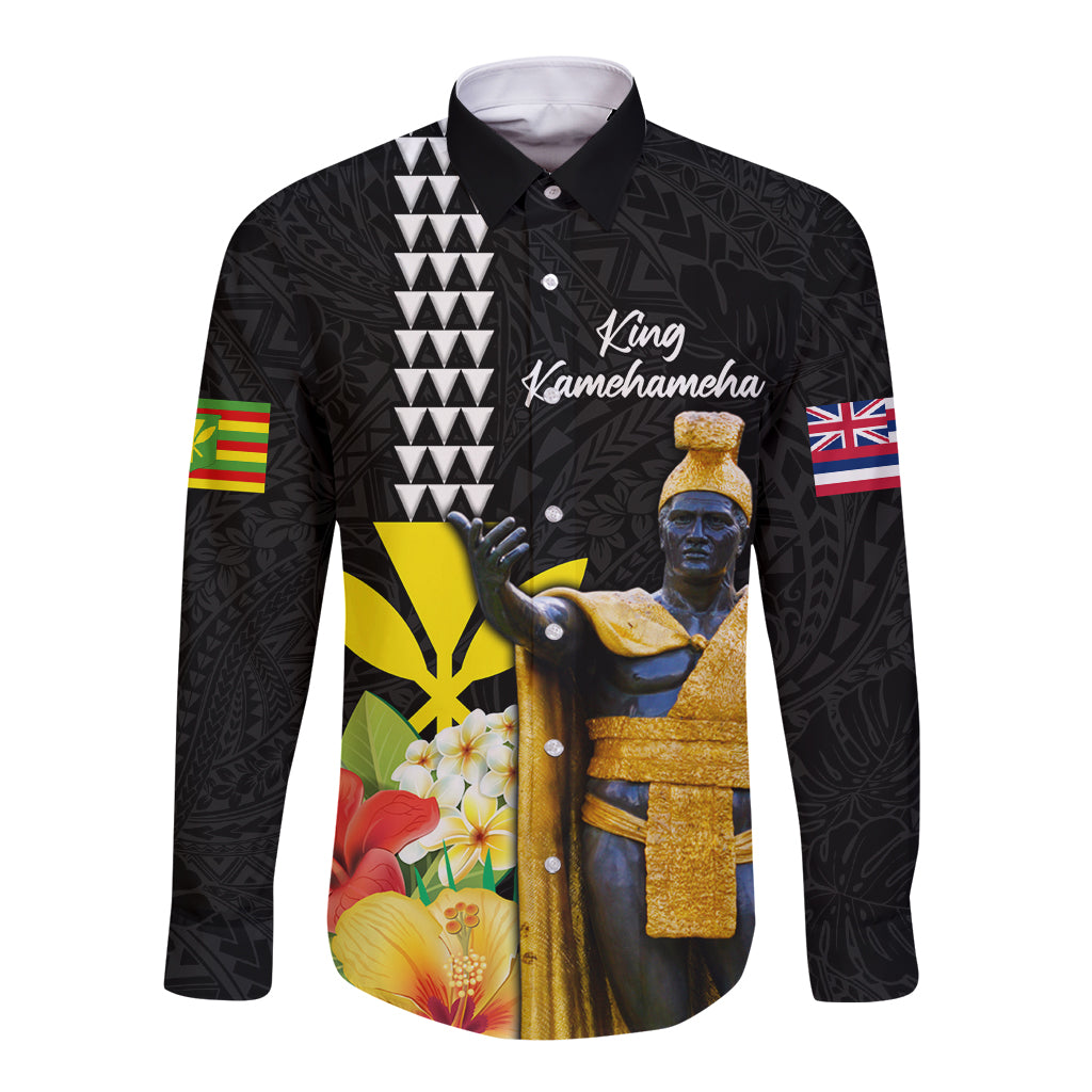 Hawaii King Kamehameha Day Long Sleeve Button Shirt Kanaka Maoli Hibiscus Flower and Kakau Pattern LT03 Unisex Black - Polynesian Pride