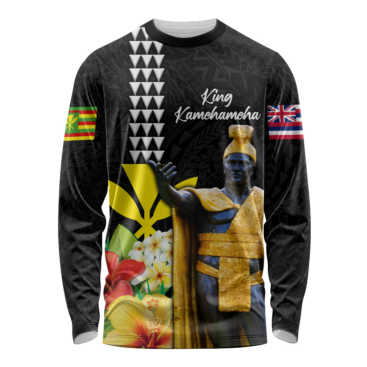 Hawaii King Kamehameha Day Long Sleeve Shirt Kanaka Maoli Hibiscus Flower and Kakau Pattern LT03 Unisex Black - Polynesian Pride