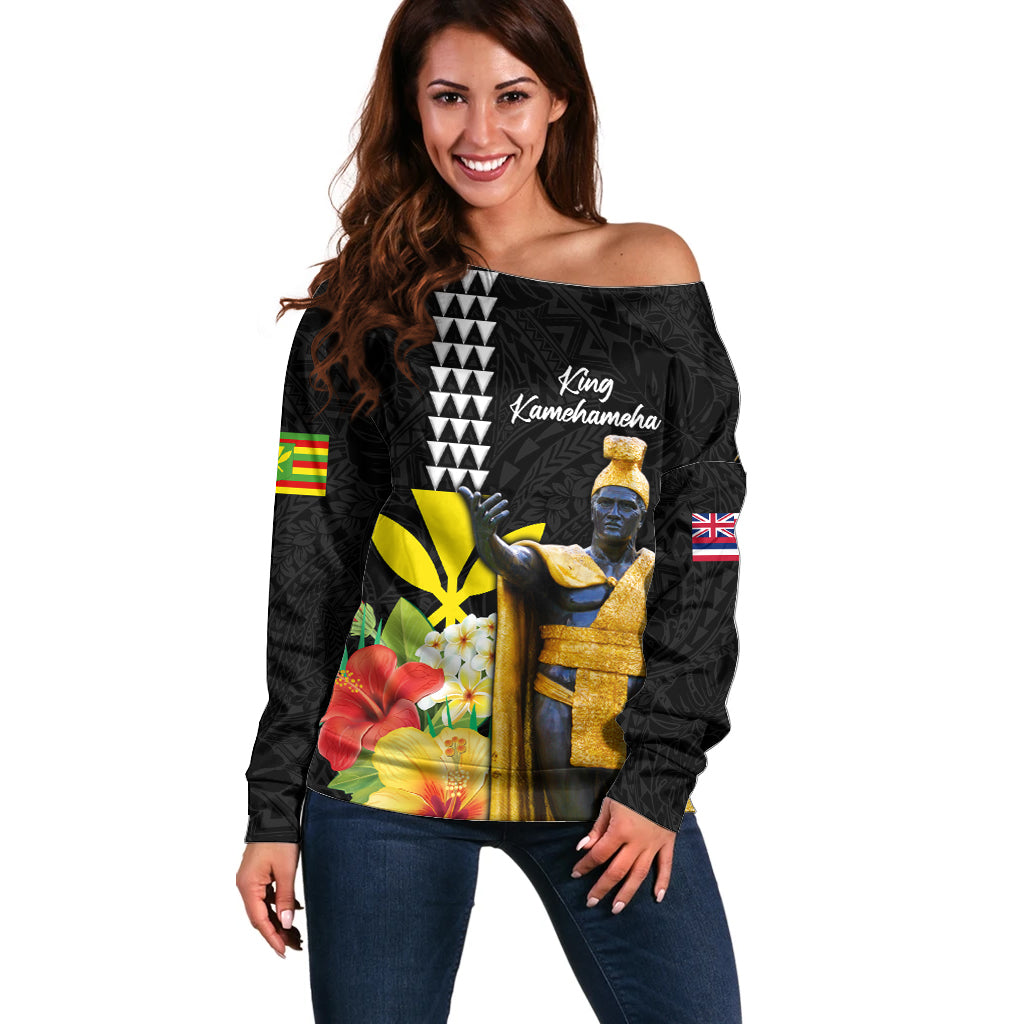 Hawaii King Kamehameha Day Off Shoulder Sweater Kanaka Maoli Hibiscus Flower and Kakau Pattern LT03 Women Black - Polynesian Pride