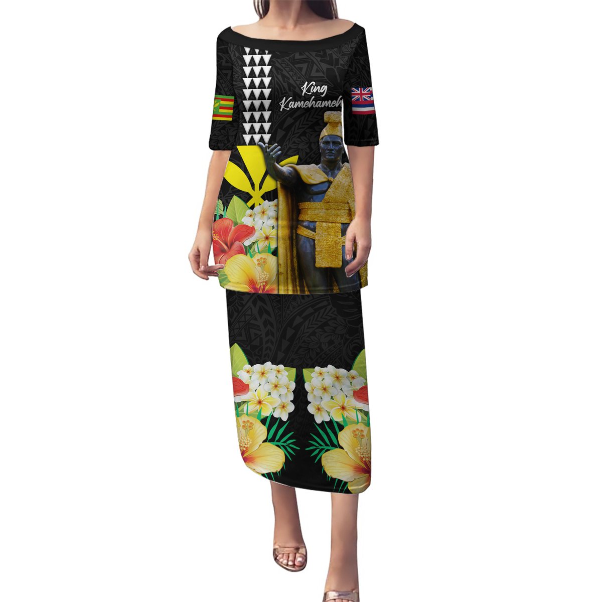 Hawaii King Kamehameha Day Puletasi Kanaka Maoli Hibiscus Flower and Kakau Pattern LT03 Long Dress Black - Polynesian Pride