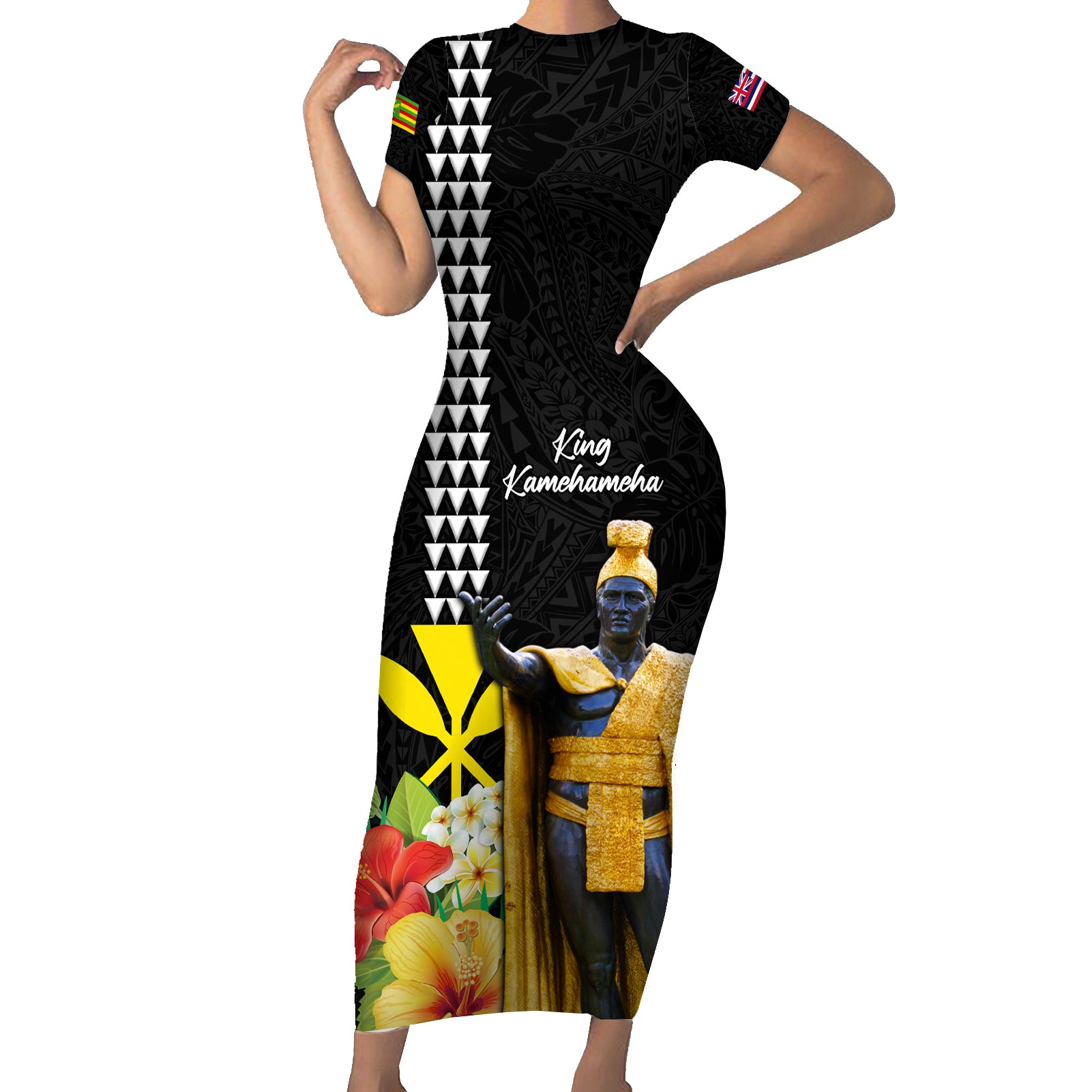 Hawaii King Kamehameha Day Short Sleeve Bodycon Dress Kanaka Maoli Hibiscus Flower and Kakau Pattern