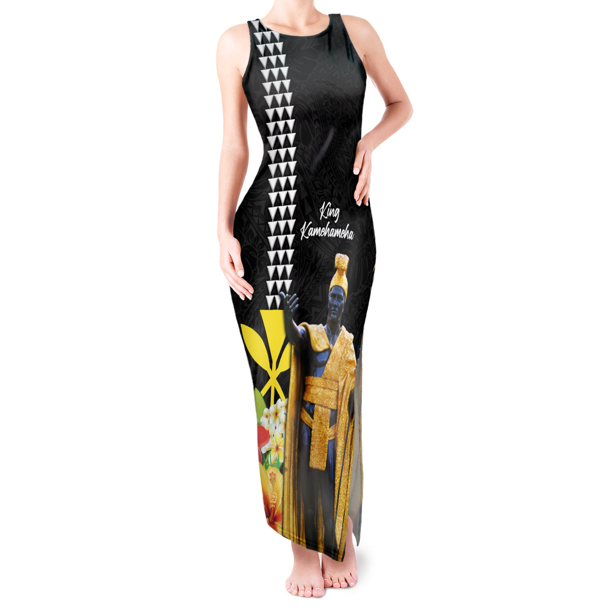 Hawaii King Kamehameha Day Tank Maxi Dress Kanaka Maoli Hibiscus Flower and Kakau Pattern