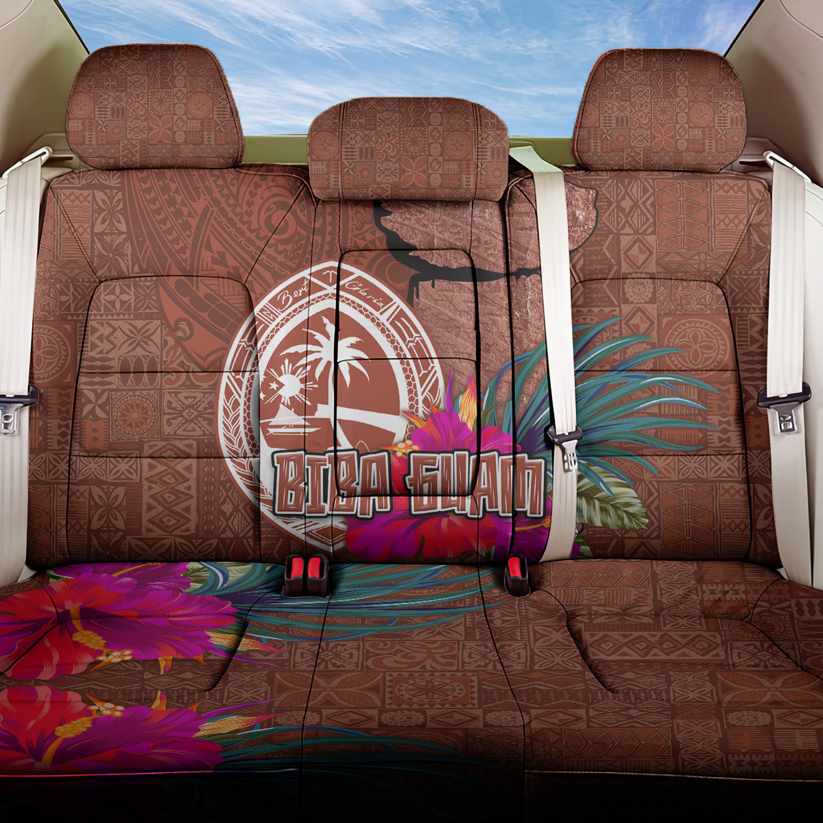 Chamorro Biba Guam Back Car Seat Cover Latte Stone Tribal and Hibiscus Flower Tapa Pattern LT03 One Size Brown - Polynesian Pride