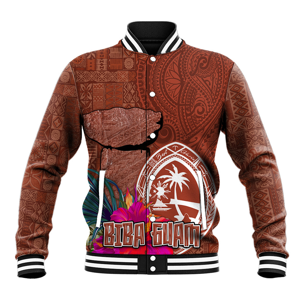 Chamorro Biba Guam Baseball Jacket Latte Stone Tribal and Hibiscus Flower Tapa Pattern LT03 Unisex Brown - Polynesian Pride