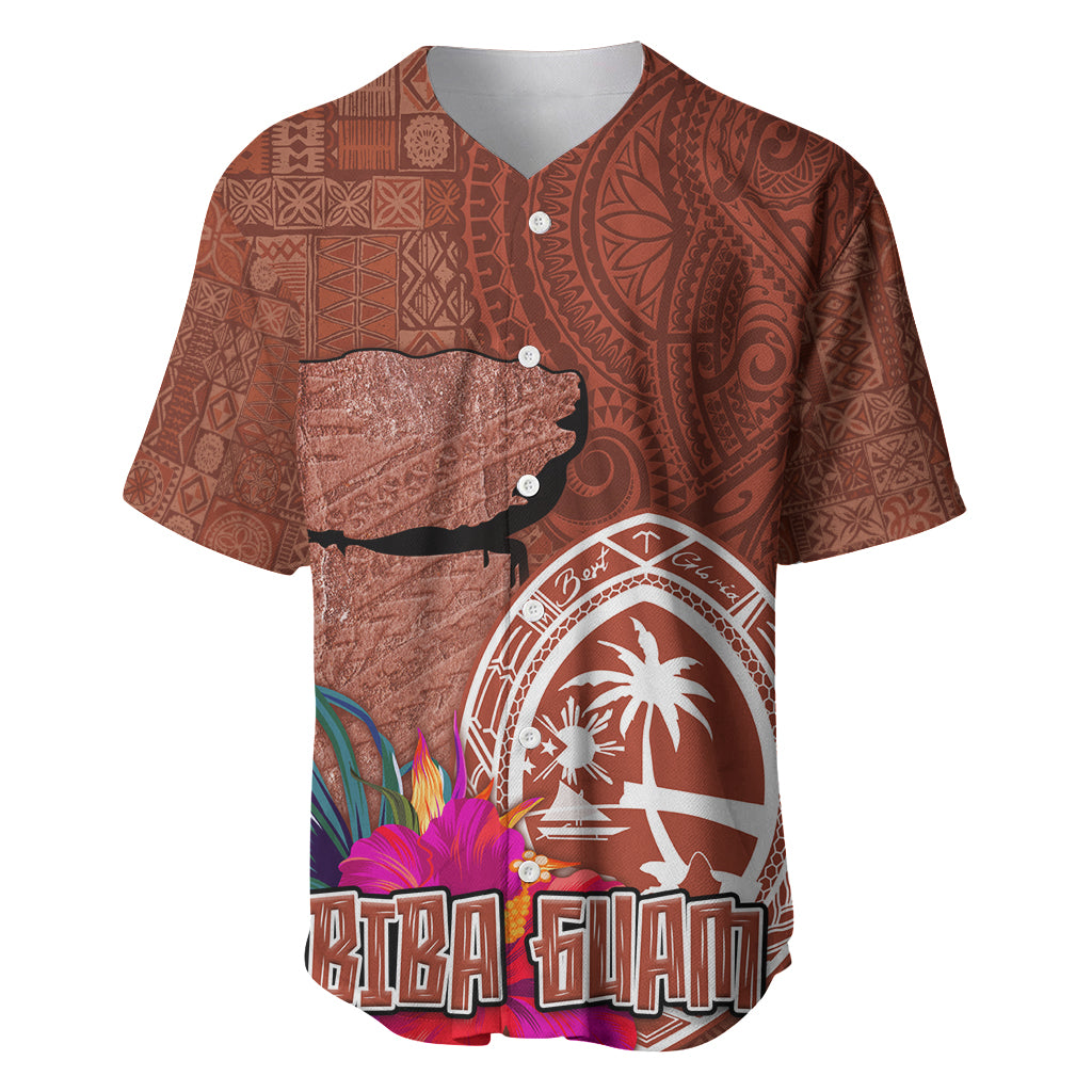 Chamorro Biba Guam Baseball Jersey Latte Stone Tribal and Hibiscus Flower Tapa Pattern LT03 Brown - Polynesian Pride