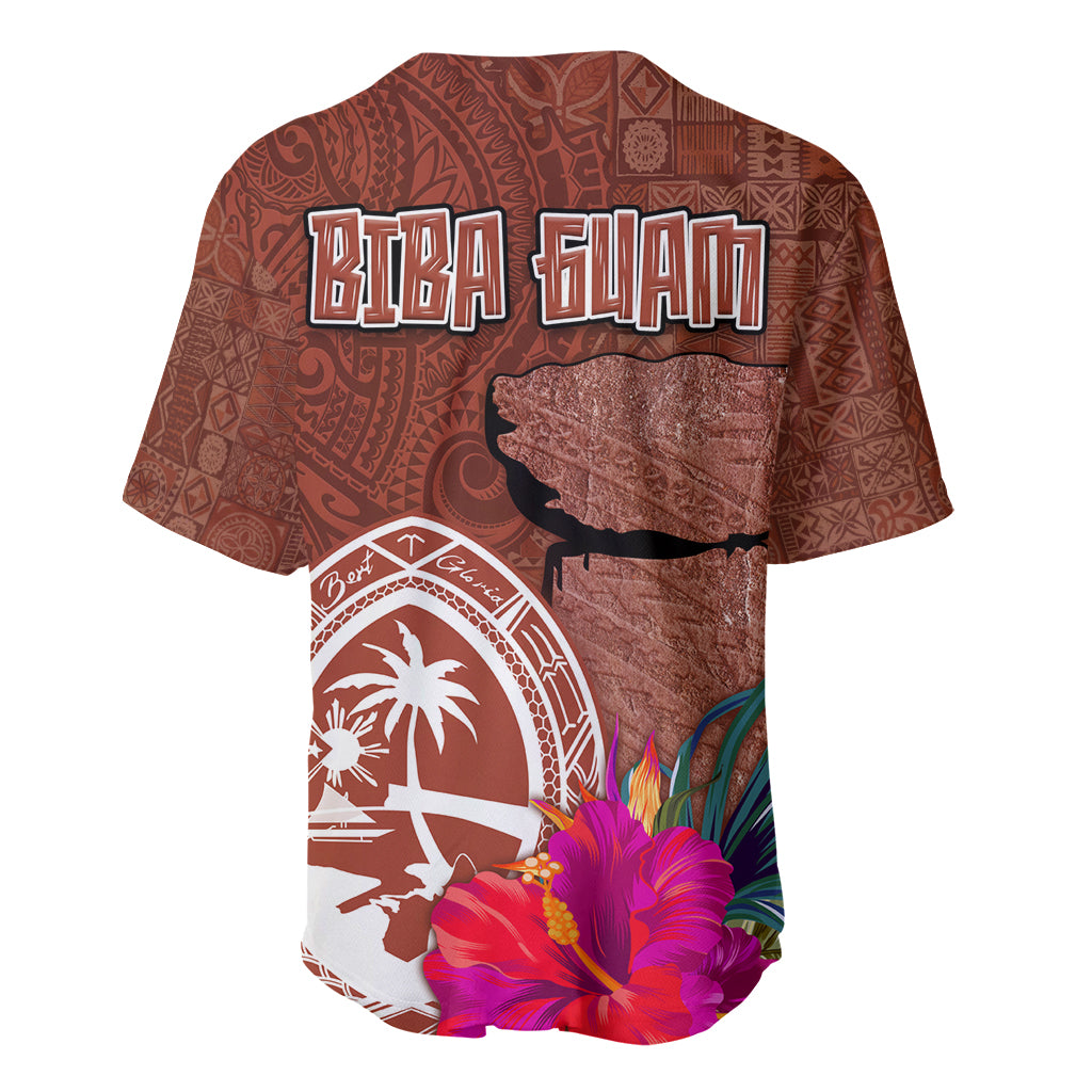 Chamorro Biba Guam Baseball Jersey Latte Stone Tribal and Hibiscus Flower Tapa Pattern LT03 - Polynesian Pride