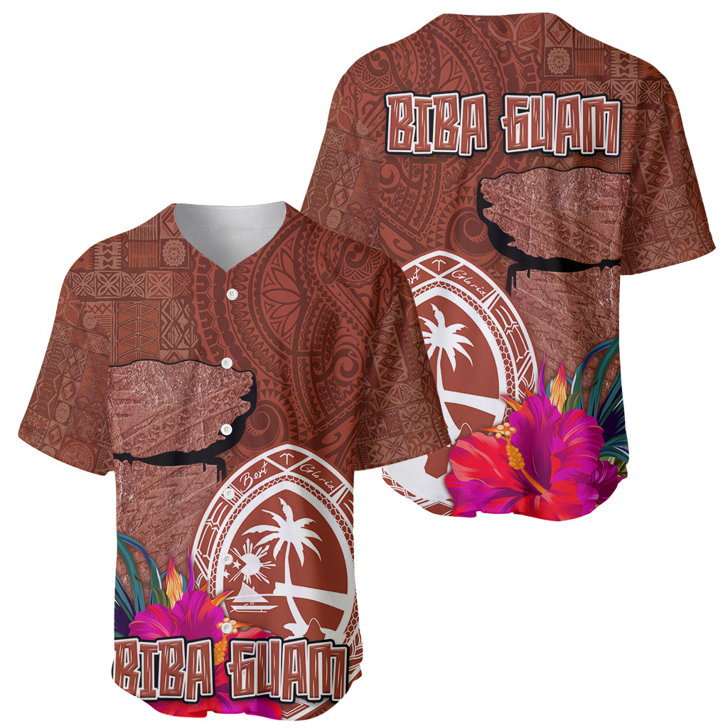 Chamorro Biba Guam Baseball Jersey Latte Stone Tribal and Hibiscus Flower Tapa Pattern LT03 - Polynesian Pride