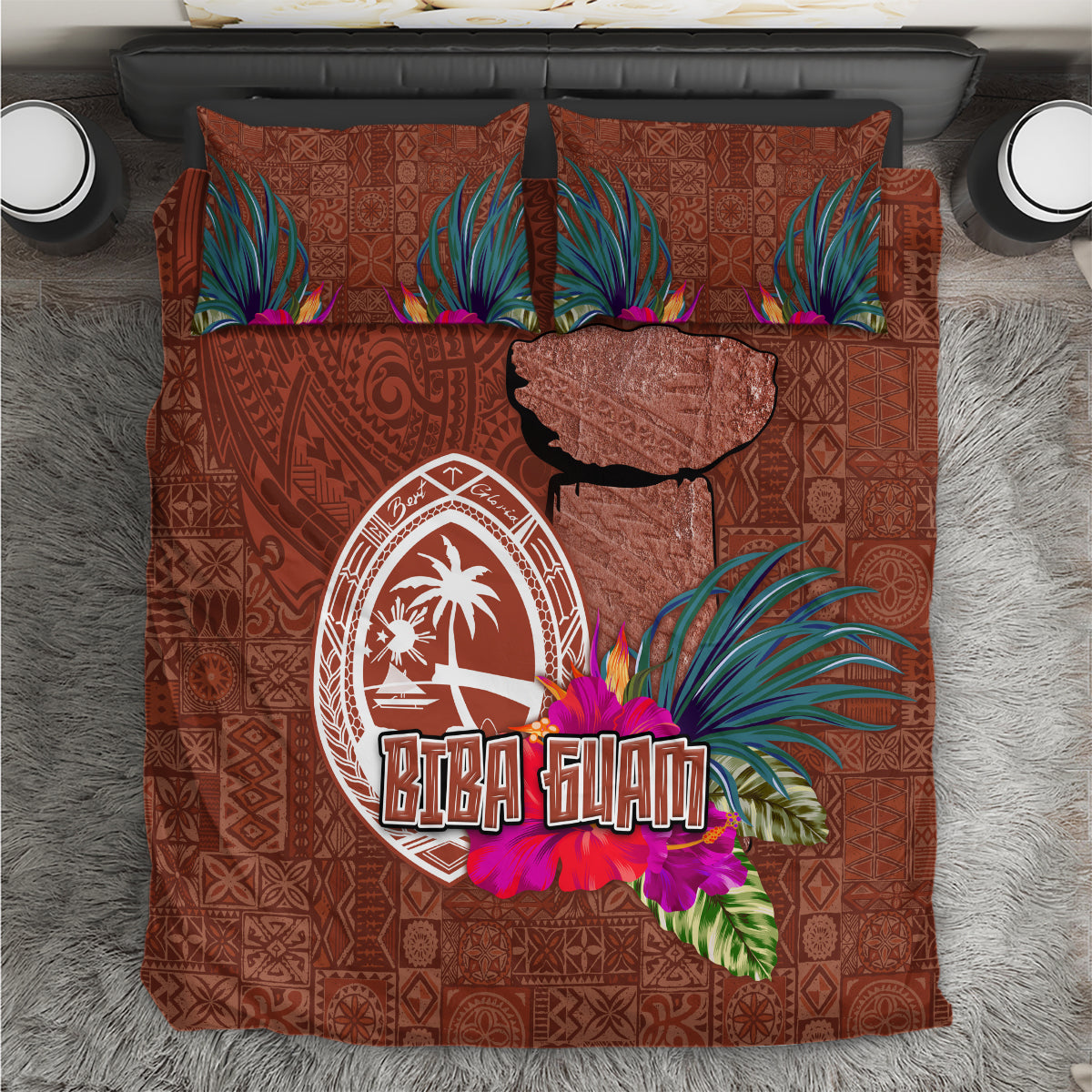 Chamorro Biba Guam Bedding Set Latte Stone Tribal and Hibiscus Flower Tapa Pattern LT03 Brown - Polynesian Pride