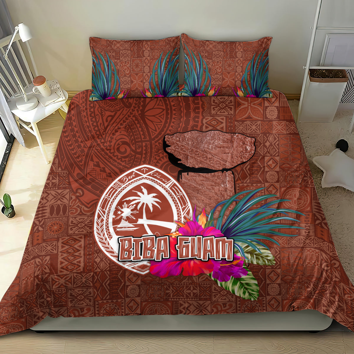 Chamorro Biba Guam Bedding Set Latte Stone Tribal and Hibiscus Flower Tapa Pattern LT03 - Polynesian Pride