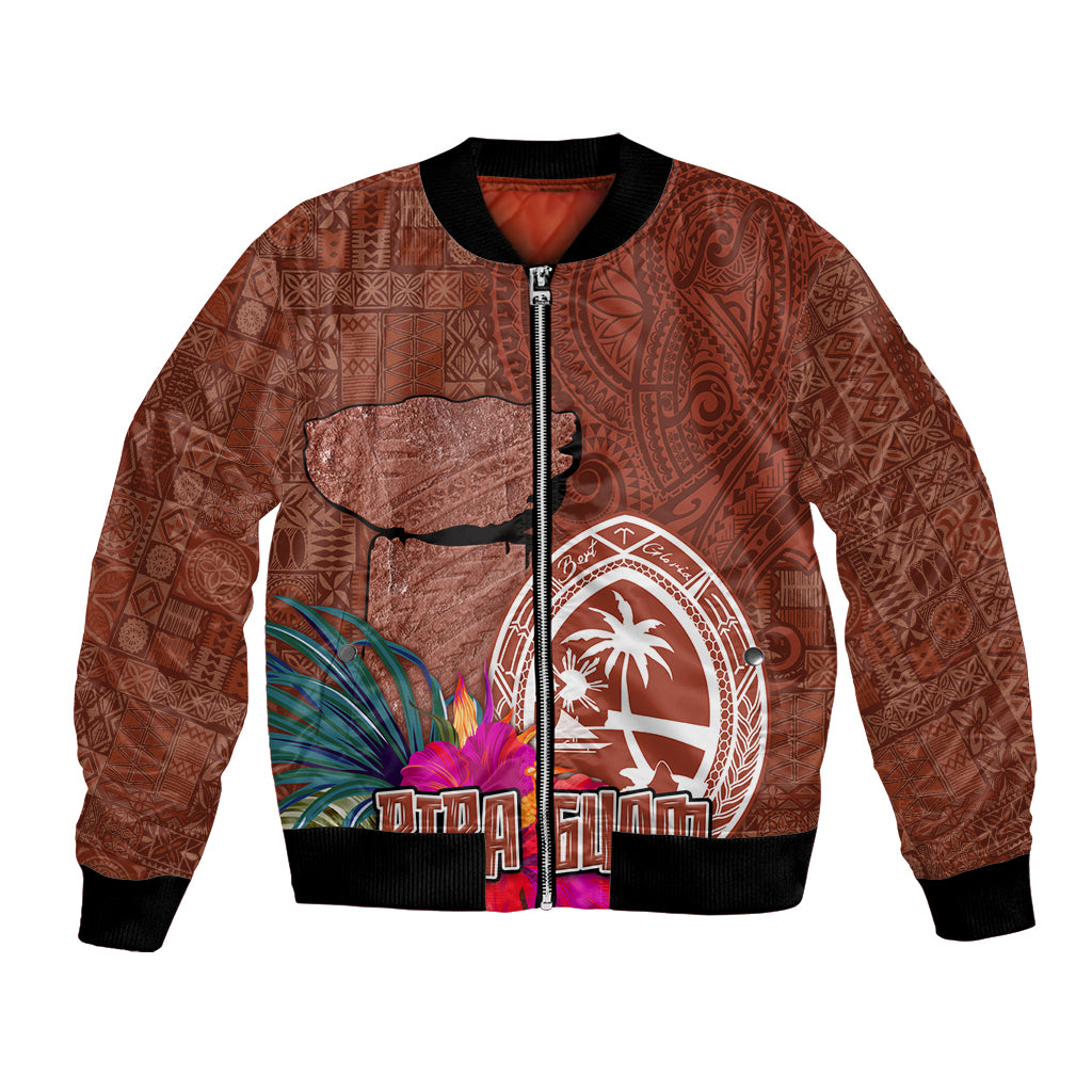 Chamorro Biba Guam Bomber Jacket Latte Stone Tribal and Hibiscus Flower Tapa Pattern LT03 Unisex Brown - Polynesian Pride
