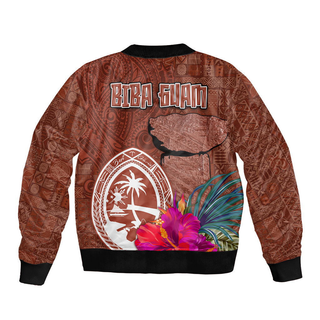 Chamorro Biba Guam Bomber Jacket Latte Stone Tribal and Hibiscus Flower Tapa Pattern LT03 - Polynesian Pride