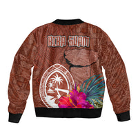 Chamorro Biba Guam Bomber Jacket Latte Stone Tribal and Hibiscus Flower Tapa Pattern LT03 - Polynesian Pride