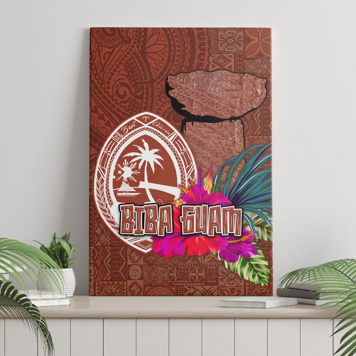 Chamorro Biba Guam Canvas Wall Art Latte Stone Tribal and Hibiscus Flower Tapa Pattern LT03 - Polynesian Pride