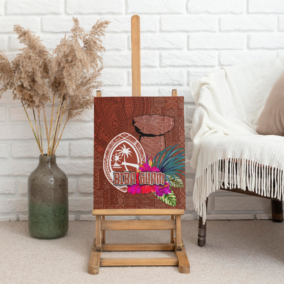 Chamorro Biba Guam Canvas Wall Art Latte Stone Tribal and Hibiscus Flower Tapa Pattern LT03 - Polynesian Pride