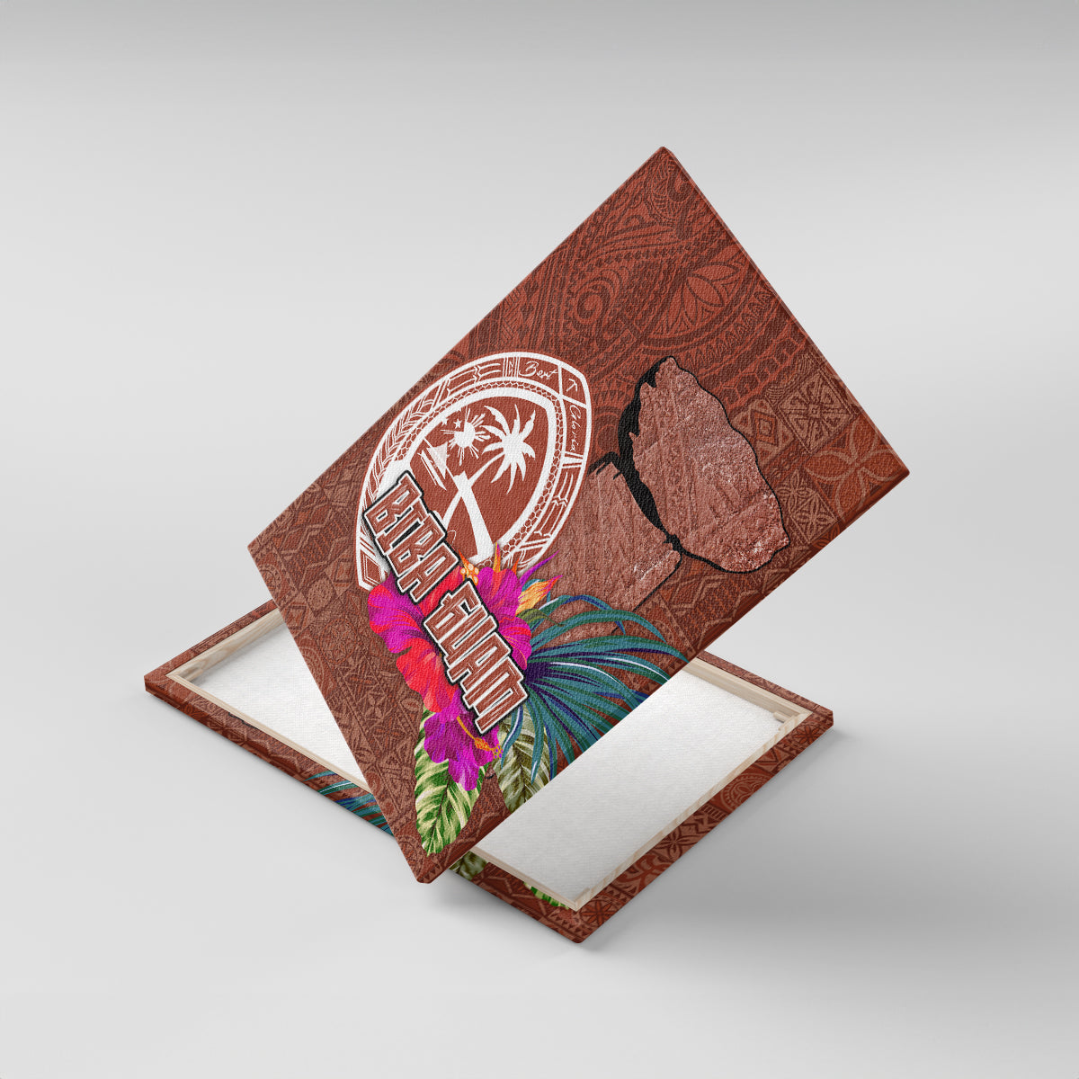 Chamorro Biba Guam Canvas Wall Art Latte Stone Tribal and Hibiscus Flower Tapa Pattern LT03 With Frame Brown - Polynesian Pride