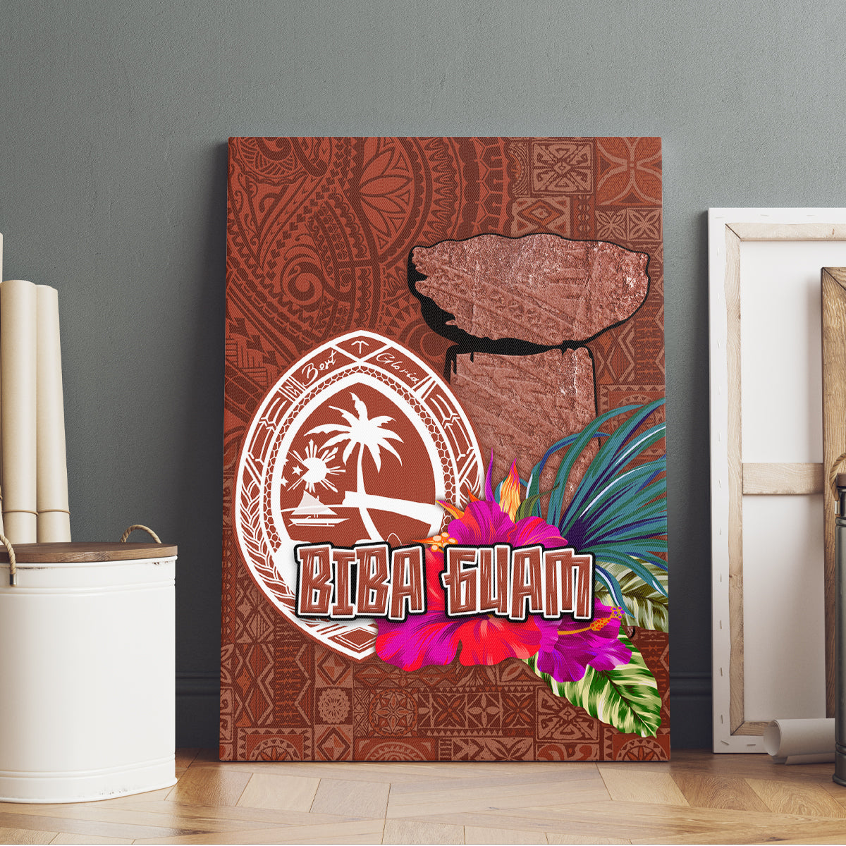 Chamorro Biba Guam Canvas Wall Art Latte Stone Tribal and Hibiscus Flower Tapa Pattern LT03 - Polynesian Pride