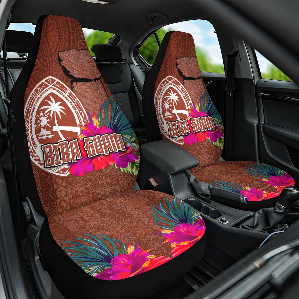 Chamorro Biba Guam Car Seat Cover Latte Stone Tribal and Hibiscus Flower Tapa Pattern LT03 One Size Brown - Polynesian Pride