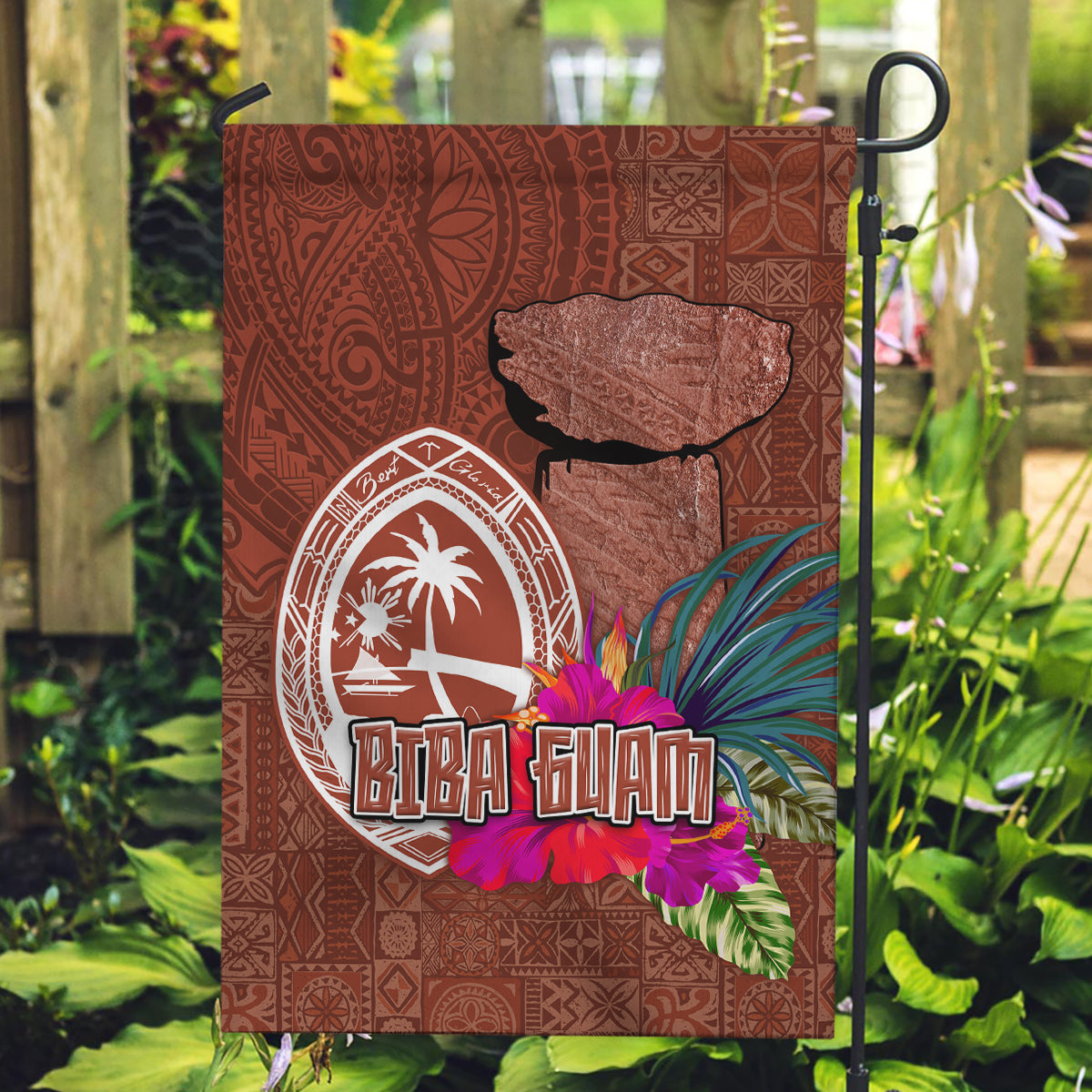 Chamorro Biba Guam Garden Flag Latte Stone Tribal and Hibiscus Flower Tapa Pattern LT03 Garden Flag Brown - Polynesian Pride