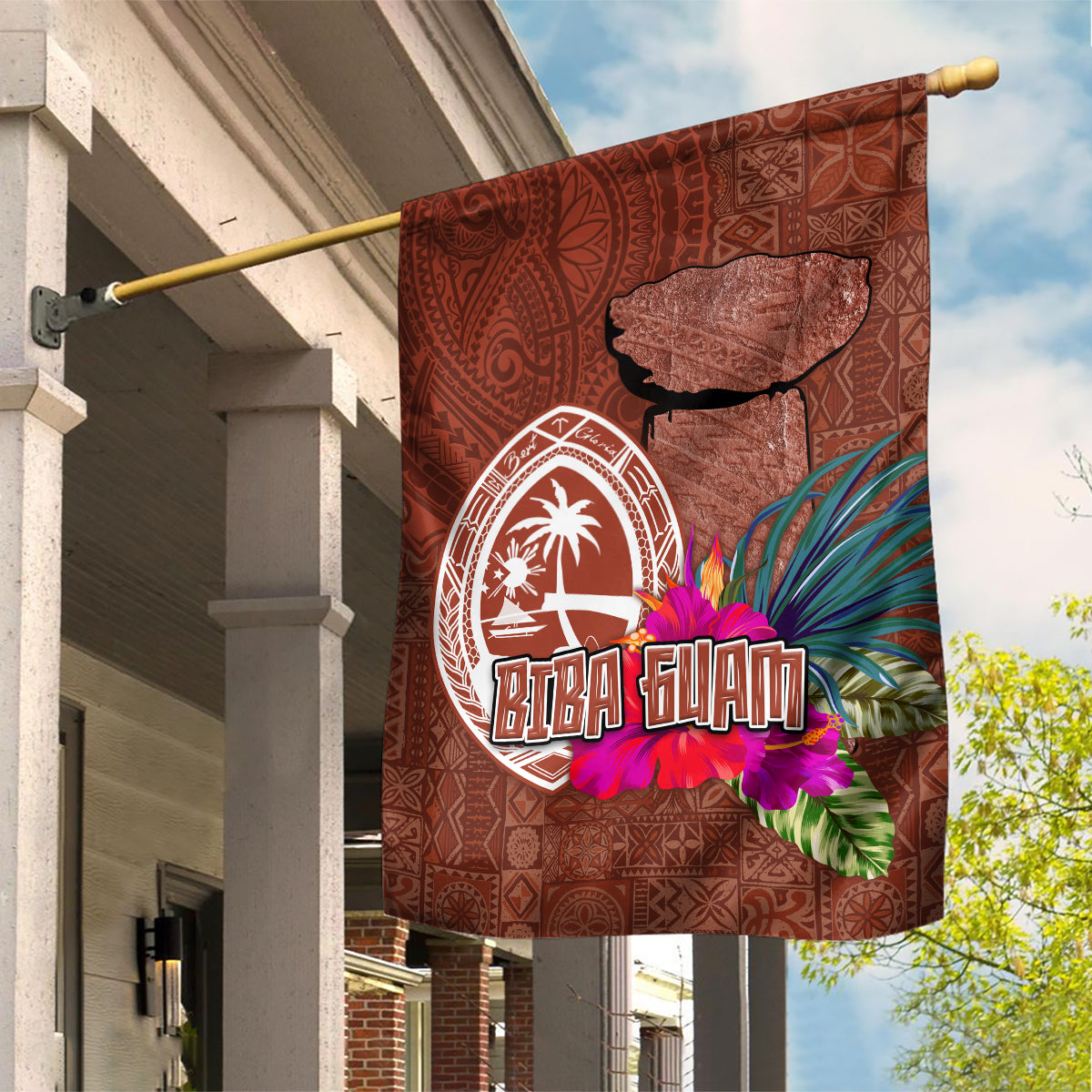 Chamorro Biba Guam Garden Flag Latte Stone Tribal and Hibiscus Flower Tapa Pattern LT03 House Flag Brown - Polynesian Pride