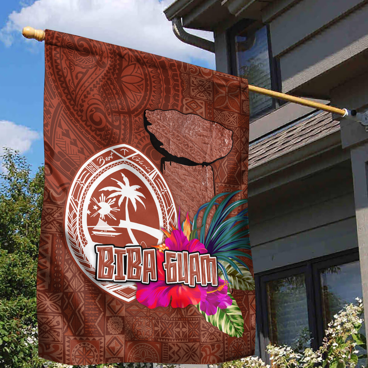 Chamorro Biba Guam Garden Flag Latte Stone Tribal and Hibiscus Flower Tapa Pattern LT03 - Polynesian Pride