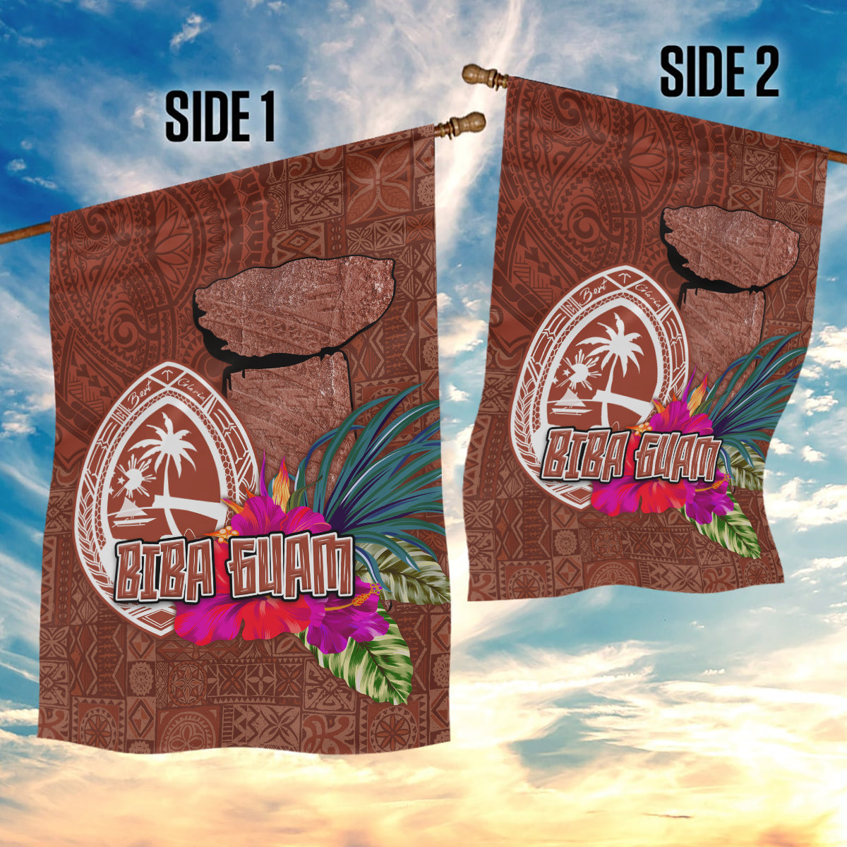 Chamorro Biba Guam Garden Flag Latte Stone Tribal and Hibiscus Flower Tapa Pattern LT03 - Polynesian Pride
