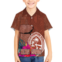 Chamorro Biba Guam Kid Hawaiian Shirt Latte Stone Tribal and Hibiscus Flower Tapa Pattern LT03 Kid Brown - Polynesian Pride