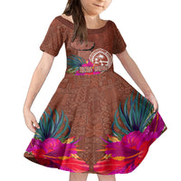 Chamorro Biba Guam Kid Short Sleeve Dress Latte Stone Tribal and Hibiscus Flower Tapa Pattern LT03 KID Brown - Polynesian Pride