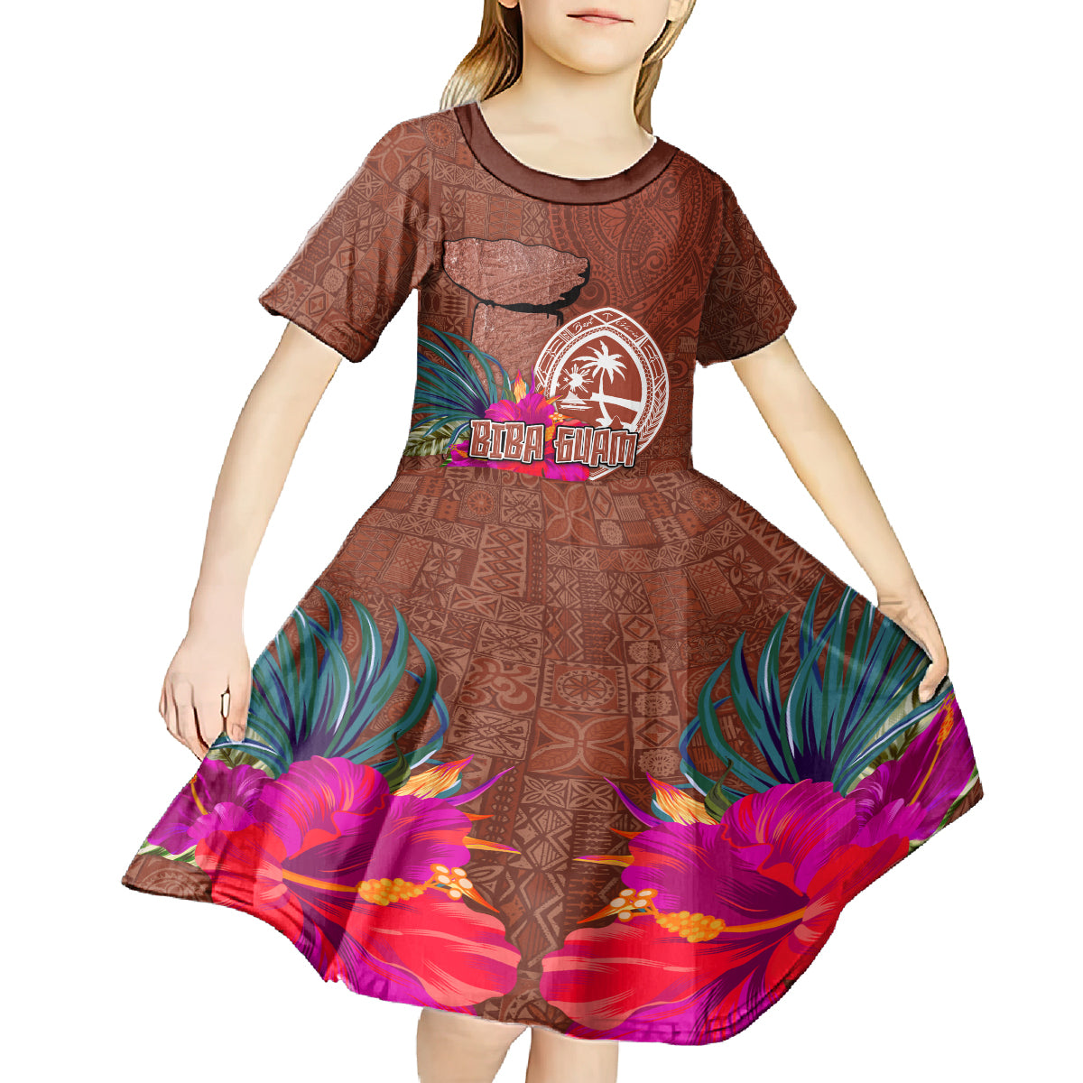 Chamorro Biba Guam Kid Short Sleeve Dress Latte Stone Tribal and Hibiscus Flower Tapa Pattern LT03 - Polynesian Pride