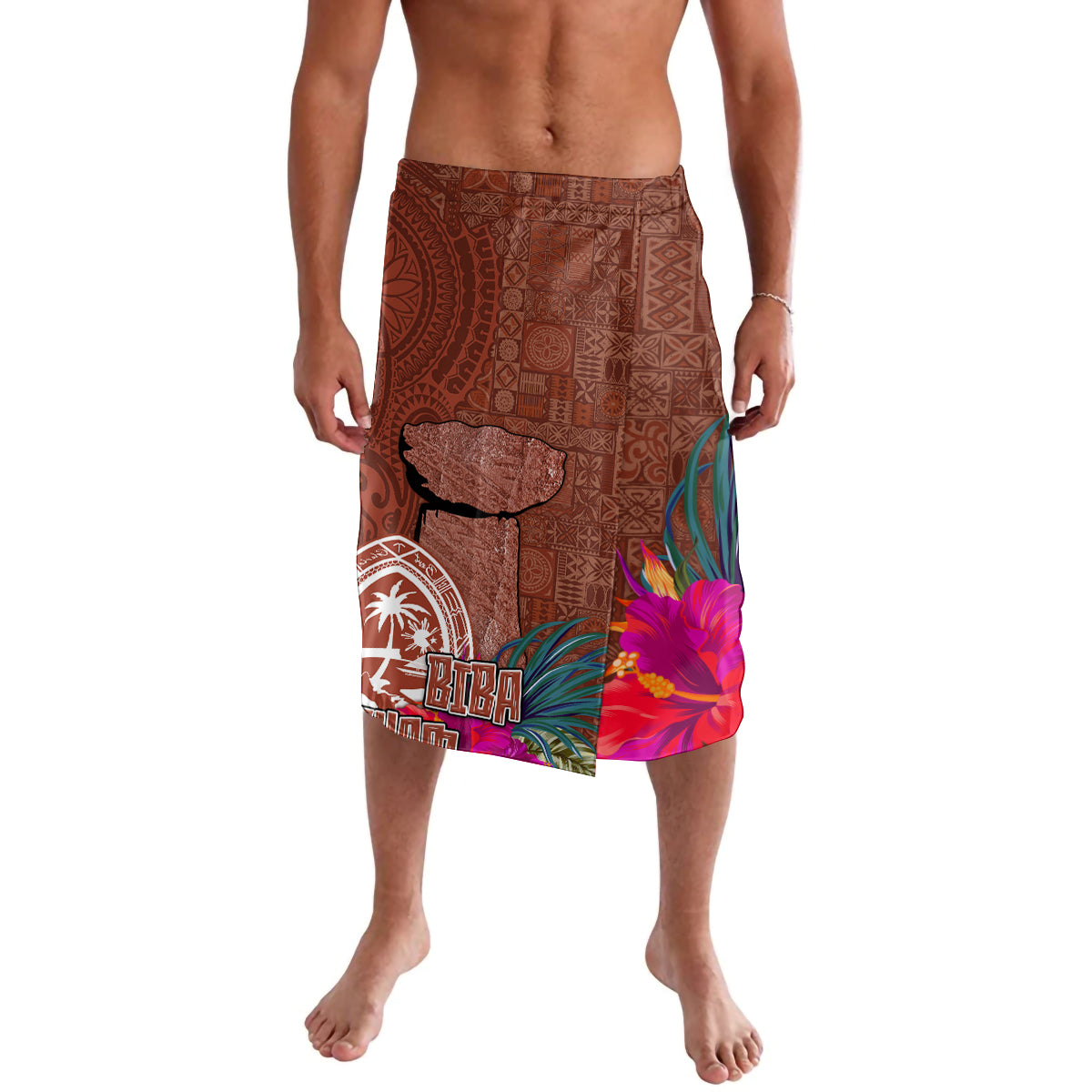 Chamorro Biba Guam Lavalava Latte Stone Tribal and Hibiscus Flower Tapa Pattern LT03 Brown - Polynesian Pride