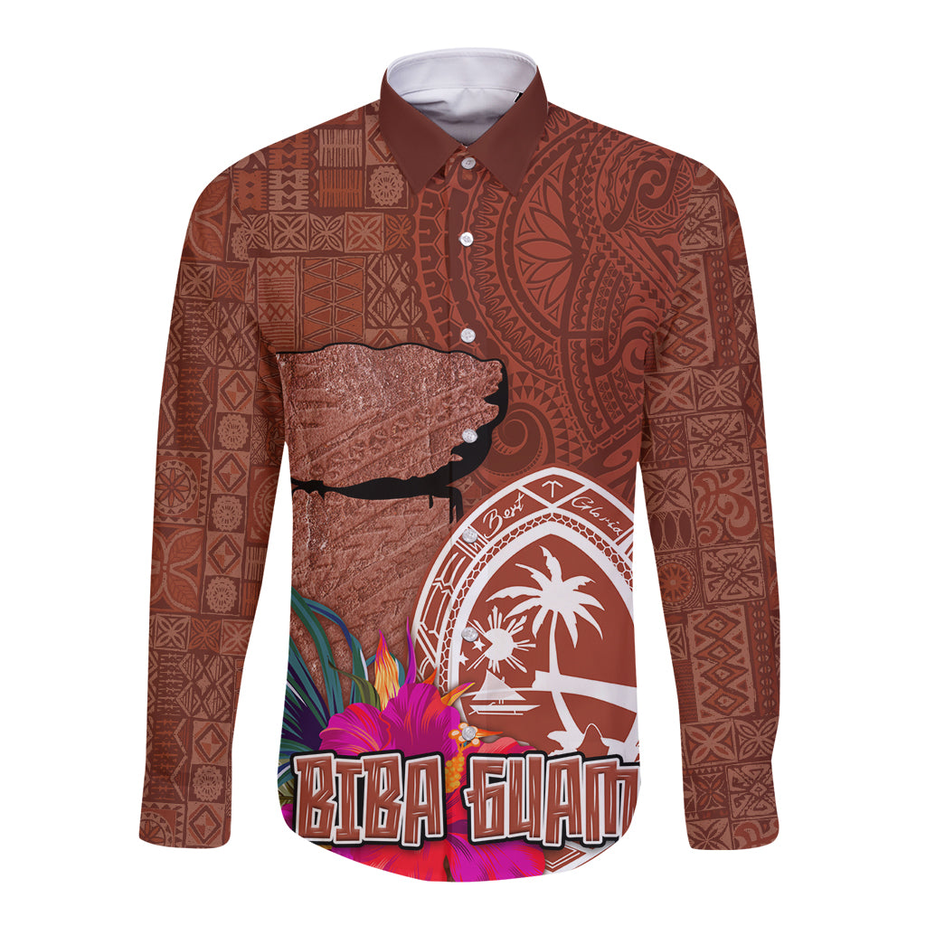Chamorro Biba Guam Long Sleeve Button Shirt Latte Stone Tribal and Hibiscus Flower Tapa Pattern LT03 Unisex Brown - Polynesian Pride