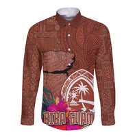 Chamorro Biba Guam Long Sleeve Button Shirt Latte Stone Tribal and Hibiscus Flower Tapa Pattern LT03 Unisex Brown - Polynesian Pride