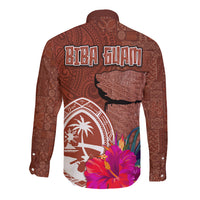Chamorro Biba Guam Long Sleeve Button Shirt Latte Stone Tribal and Hibiscus Flower Tapa Pattern LT03 - Polynesian Pride
