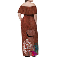 Chamorro Biba Guam Off Shoulder Maxi Dress Latte Stone Tribal and Hibiscus Flower Tapa Pattern LT03 - Polynesian Pride