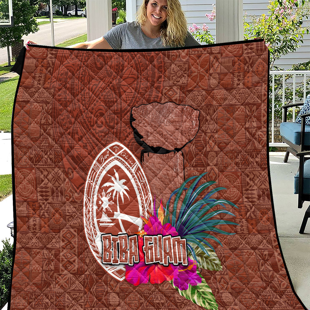 Chamorro Biba Guam Quilt Latte Stone Tribal and Hibiscus Flower Tapa Pattern LT03 Brown - Polynesian Pride