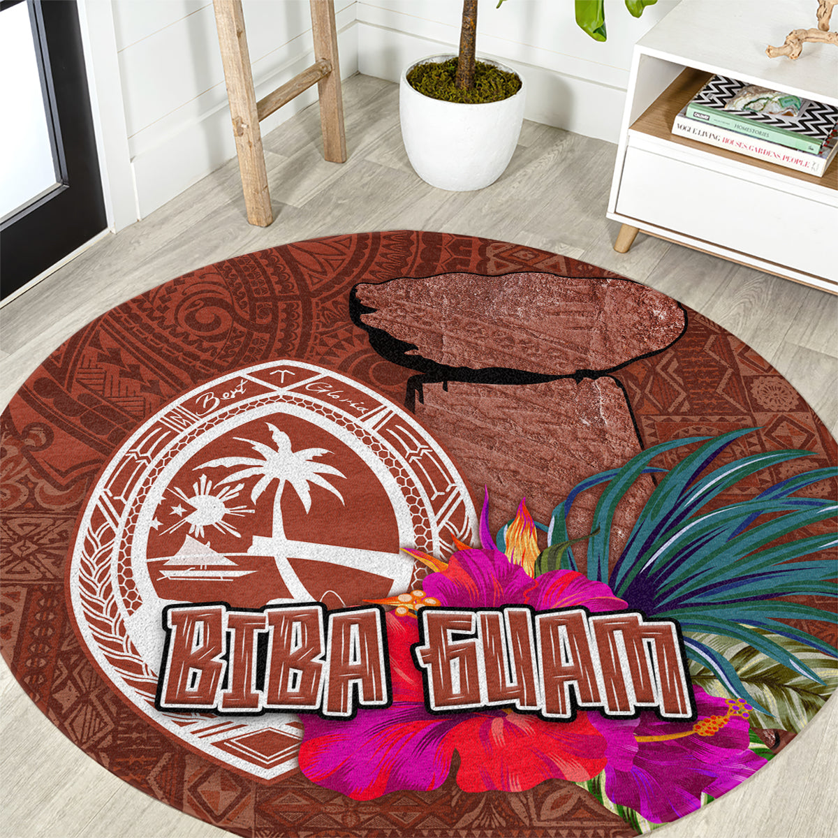 Chamorro Biba Guam Round Carpet Latte Stone Tribal and Hibiscus Flower Tapa Pattern LT03 Brown - Polynesian Pride