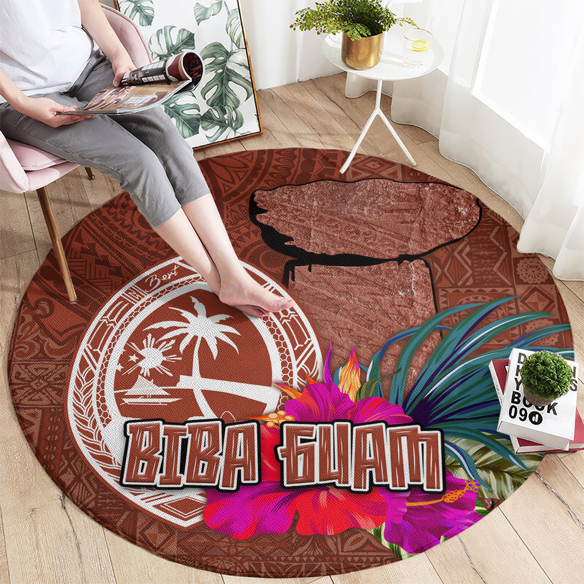Chamorro Biba Guam Round Carpet Latte Stone Tribal and Hibiscus Flower Tapa Pattern LT03 - Polynesian Pride