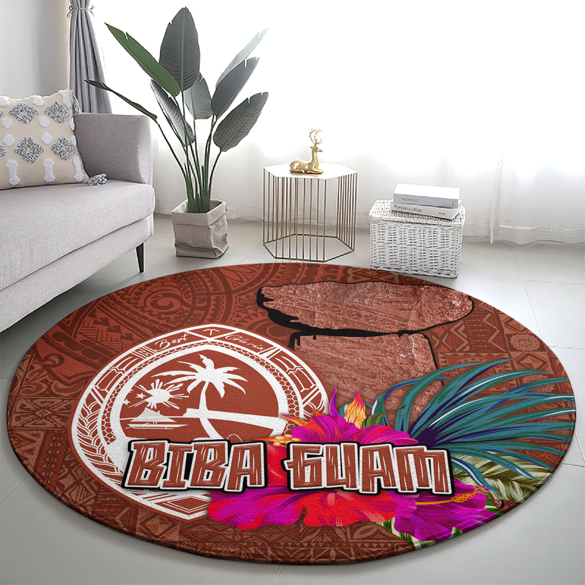 Chamorro Biba Guam Round Carpet Latte Stone Tribal and Hibiscus Flower Tapa Pattern LT03 - Polynesian Pride