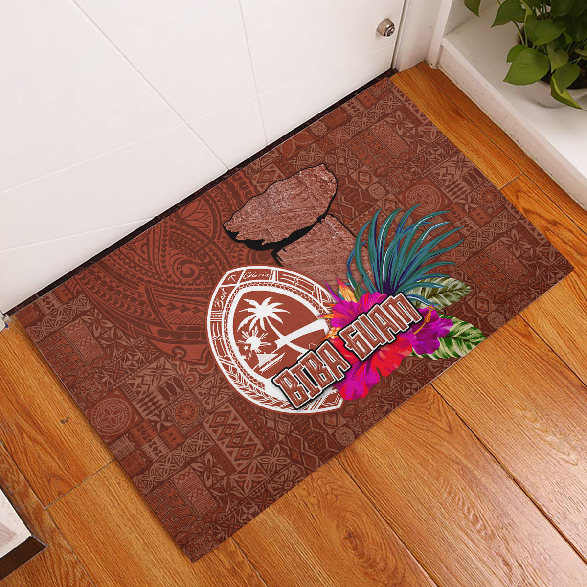 Chamorro Biba Guam Rubber Doormat Latte Stone Tribal and Hibiscus Flower Tapa Pattern LT03 Brown - Polynesian Pride