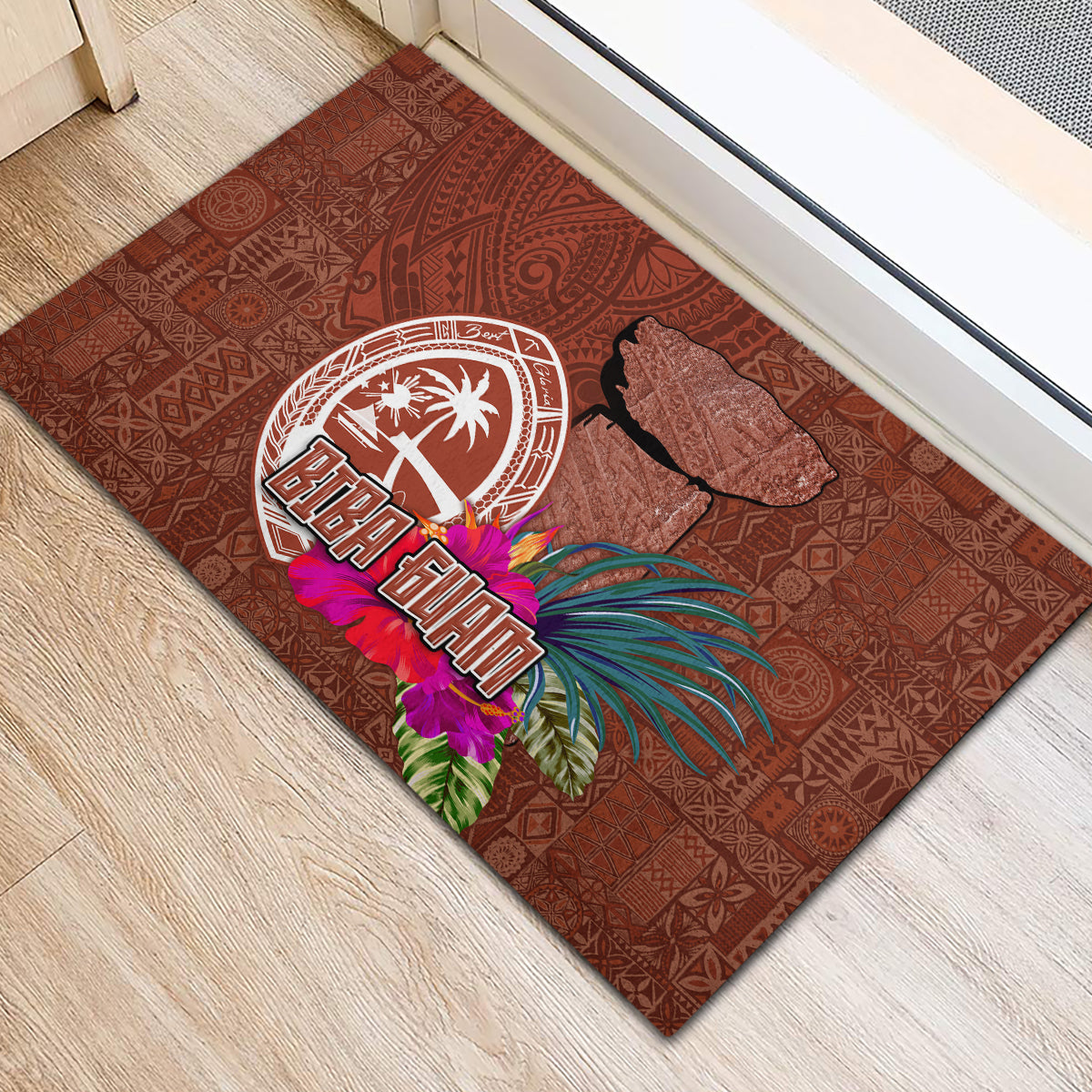 Chamorro Biba Guam Rubber Doormat Latte Stone Tribal and Hibiscus Flower Tapa Pattern LT03 - Polynesian Pride