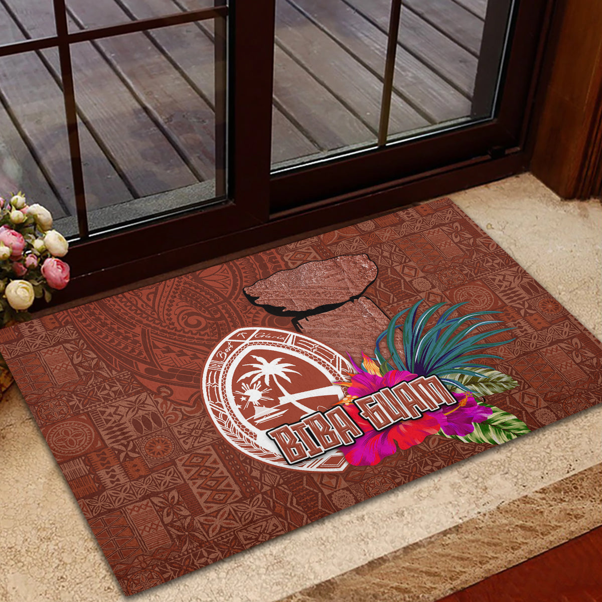 Chamorro Biba Guam Rubber Doormat Latte Stone Tribal and Hibiscus Flower Tapa Pattern LT03 - Polynesian Pride