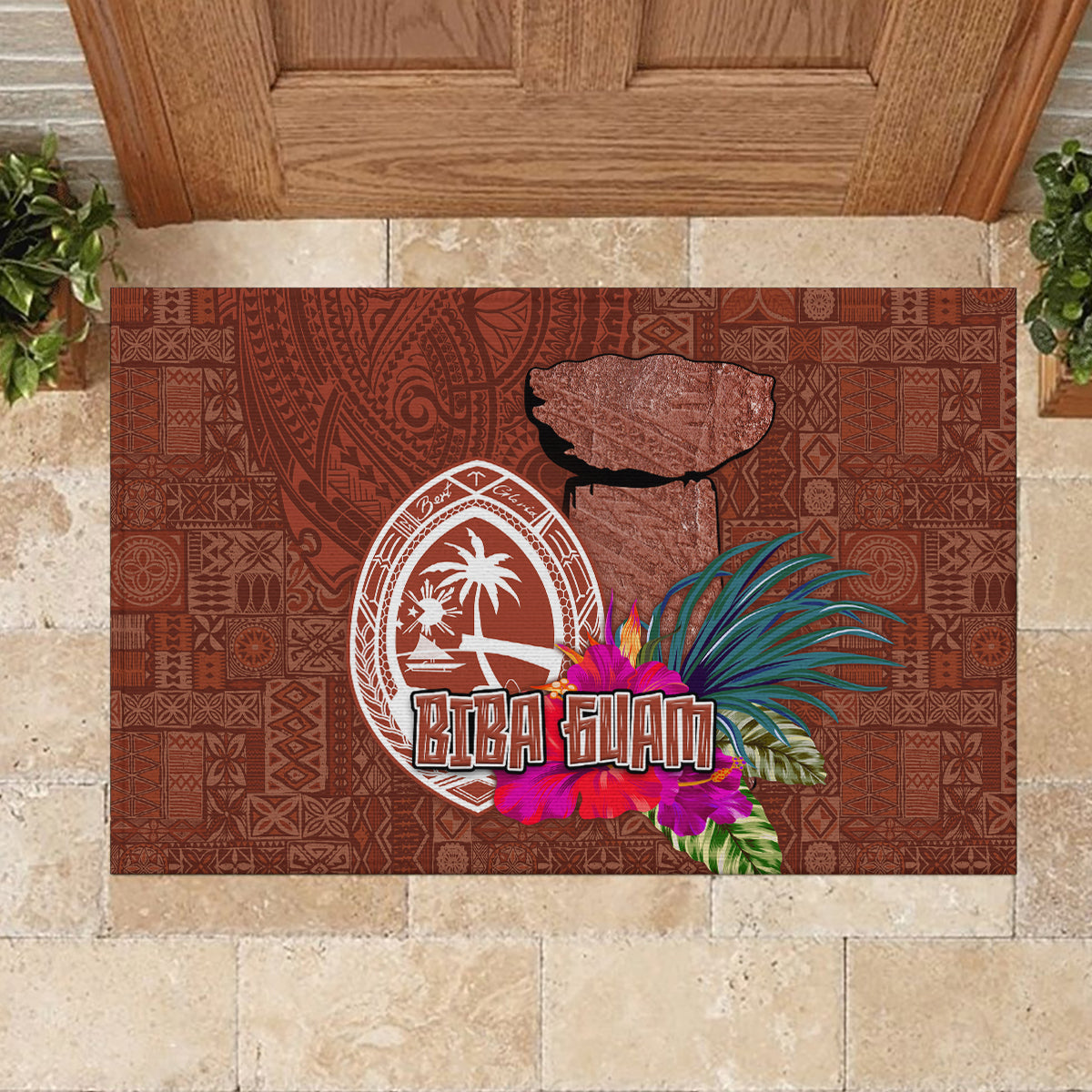 Chamorro Biba Guam Rubber Doormat Latte Stone Tribal and Hibiscus Flower Tapa Pattern LT03 - Polynesian Pride