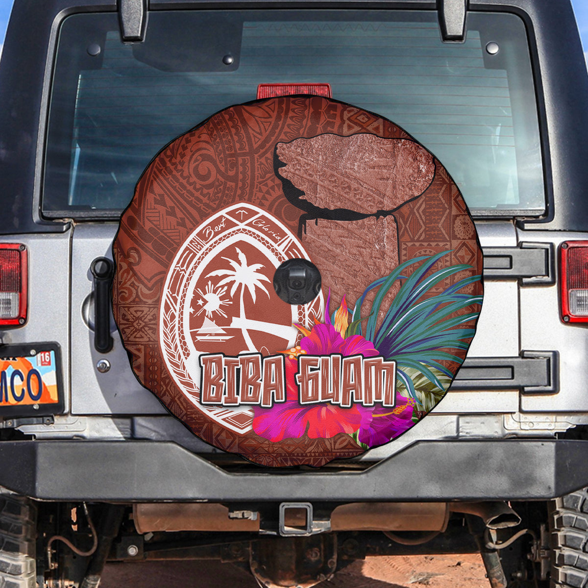 Chamorro Biba Guam Spare Tire Cover Latte Stone Tribal and Hibiscus Flower Tapa Pattern LT03 Brown - Polynesian Pride