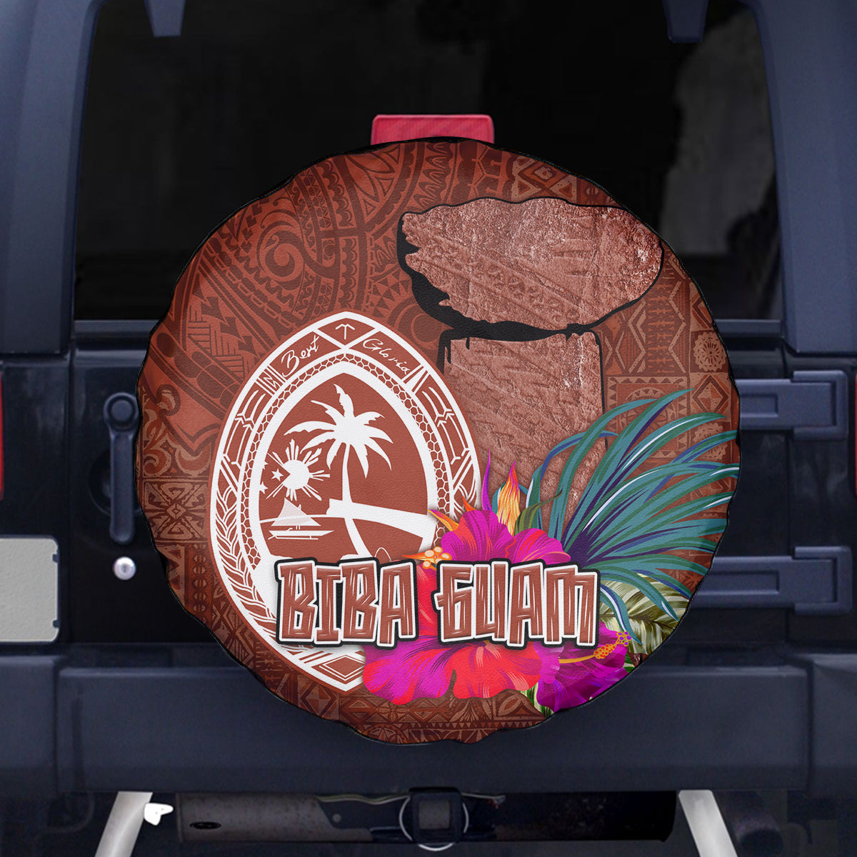 Chamorro Biba Guam Spare Tire Cover Latte Stone Tribal and Hibiscus Flower Tapa Pattern LT03 - Polynesian Pride