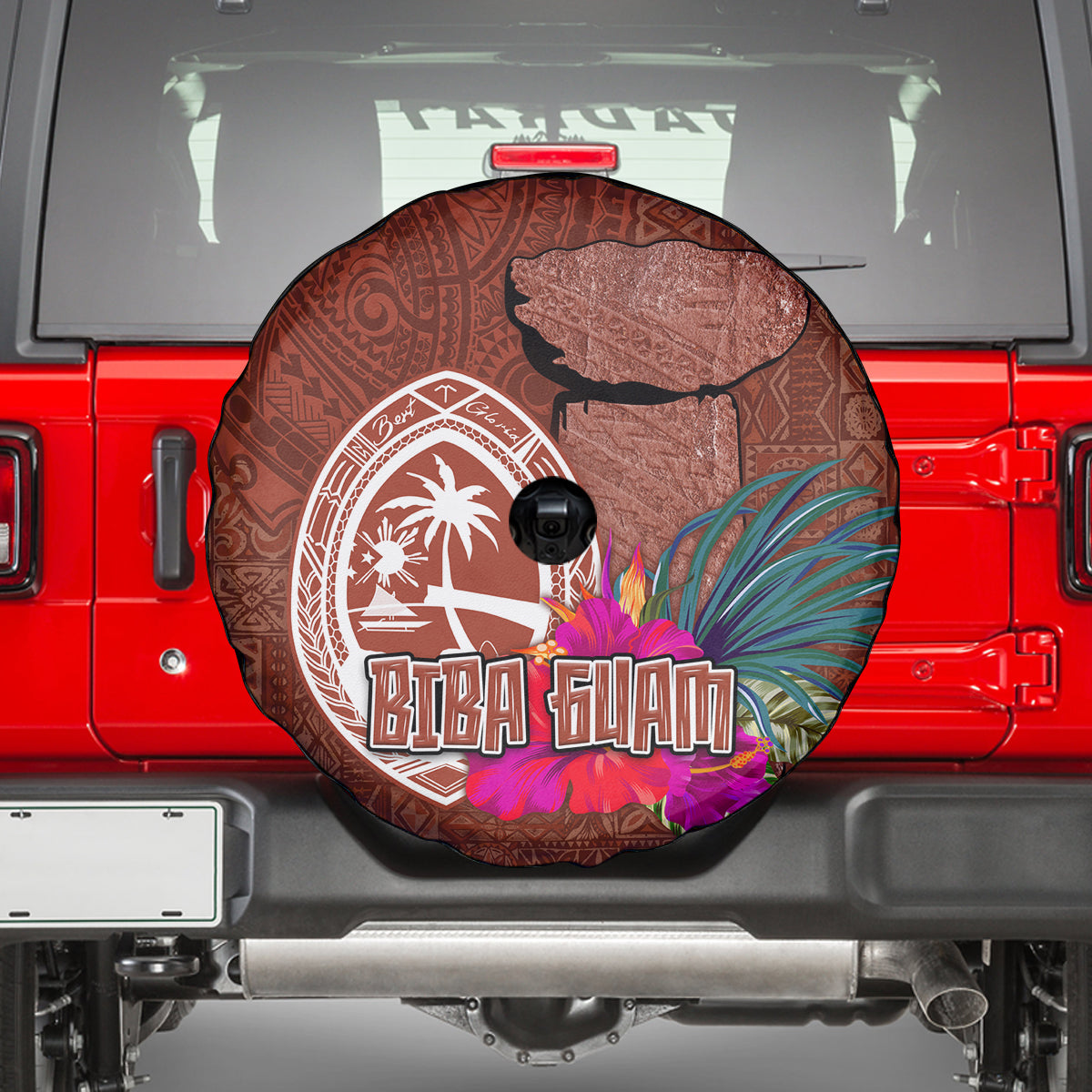 Chamorro Biba Guam Spare Tire Cover Latte Stone Tribal and Hibiscus Flower Tapa Pattern LT03 - Polynesian Pride