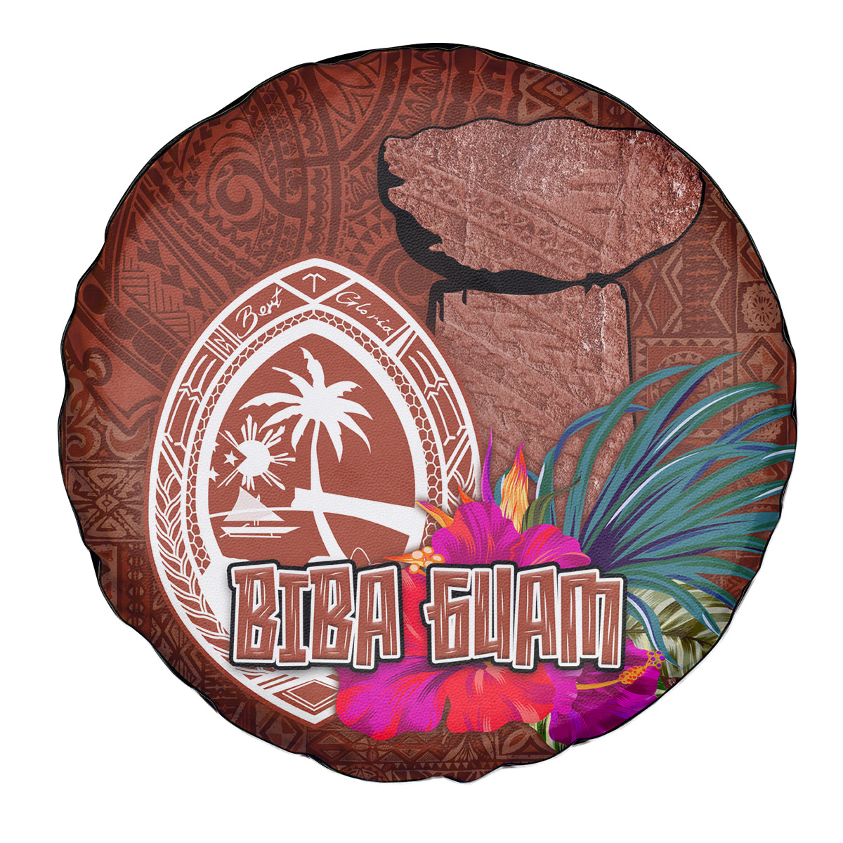 Chamorro Biba Guam Spare Tire Cover Latte Stone Tribal and Hibiscus Flower Tapa Pattern LT03 - Polynesian Pride