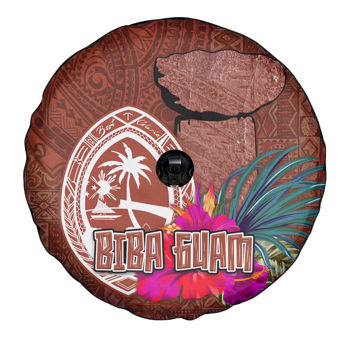 Chamorro Biba Guam Spare Tire Cover Latte Stone Tribal and Hibiscus Flower Tapa Pattern LT03 - Polynesian Pride